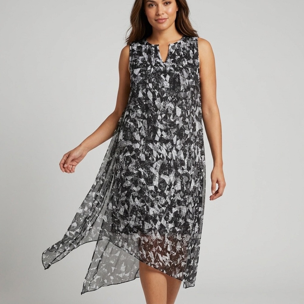 Vince Camuto L Sleeveless Sheer‎ Overlay High-Low Black Geometric Dress Womens